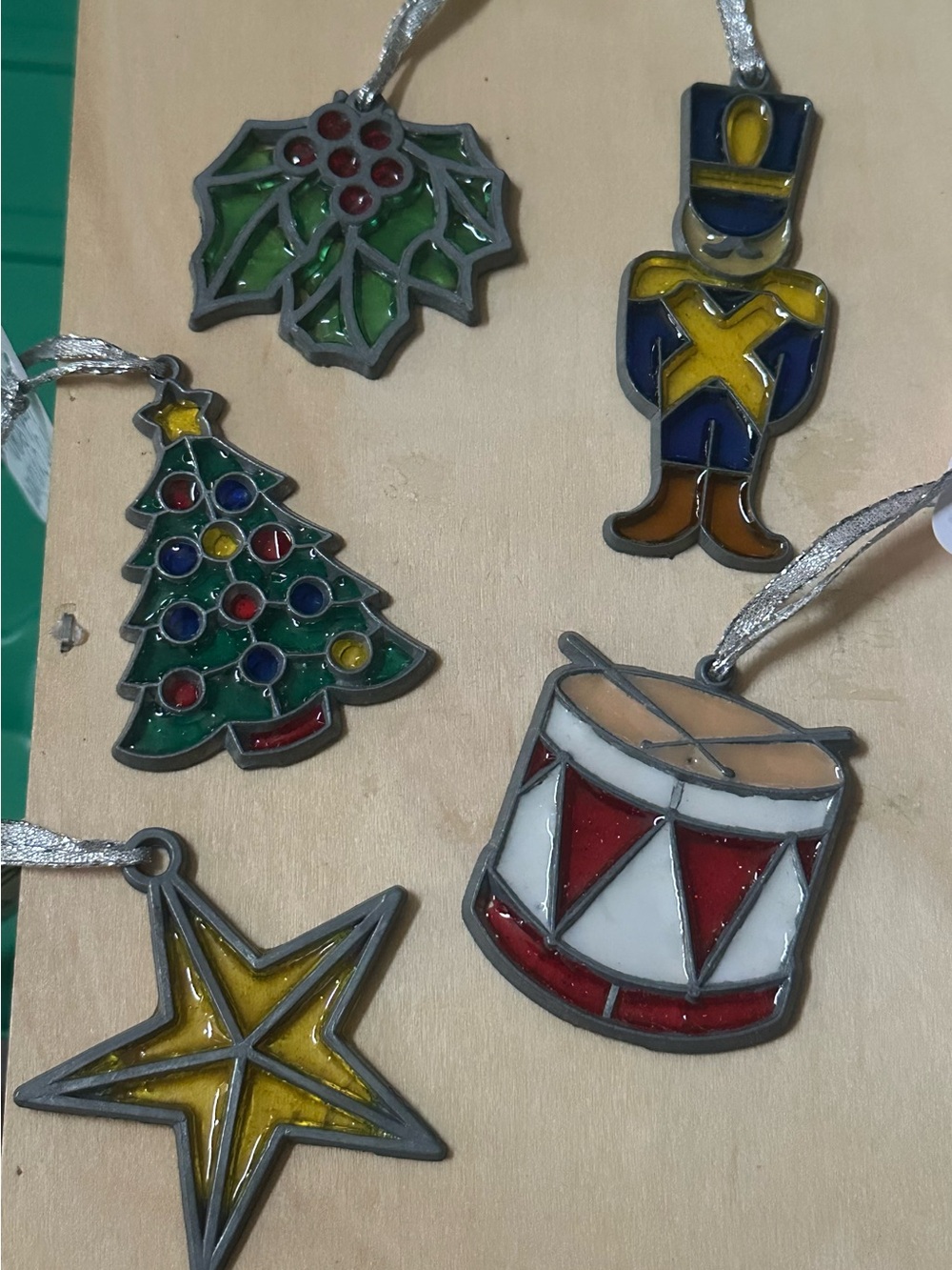 Vintage Set of 5 Faux Stained Glass Tree Ornaments